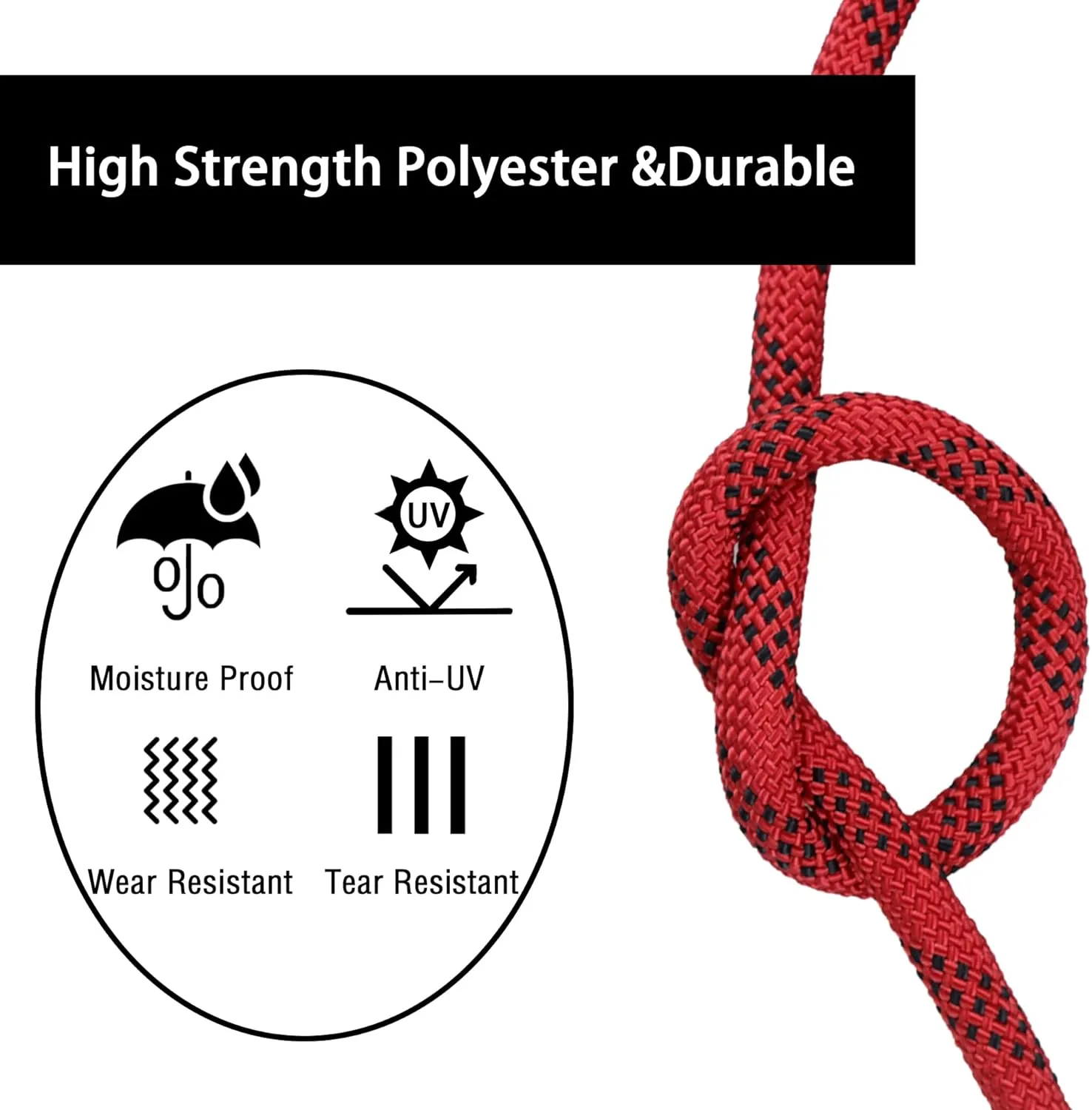 Premium Polyester Braid Rope, 3/8IN 100FT, 3520 lb High Strength Arborist Bull Rope, Multi Purpose Strong Pulling Rope, for Gardening, Camping and Swing (Red and Black)