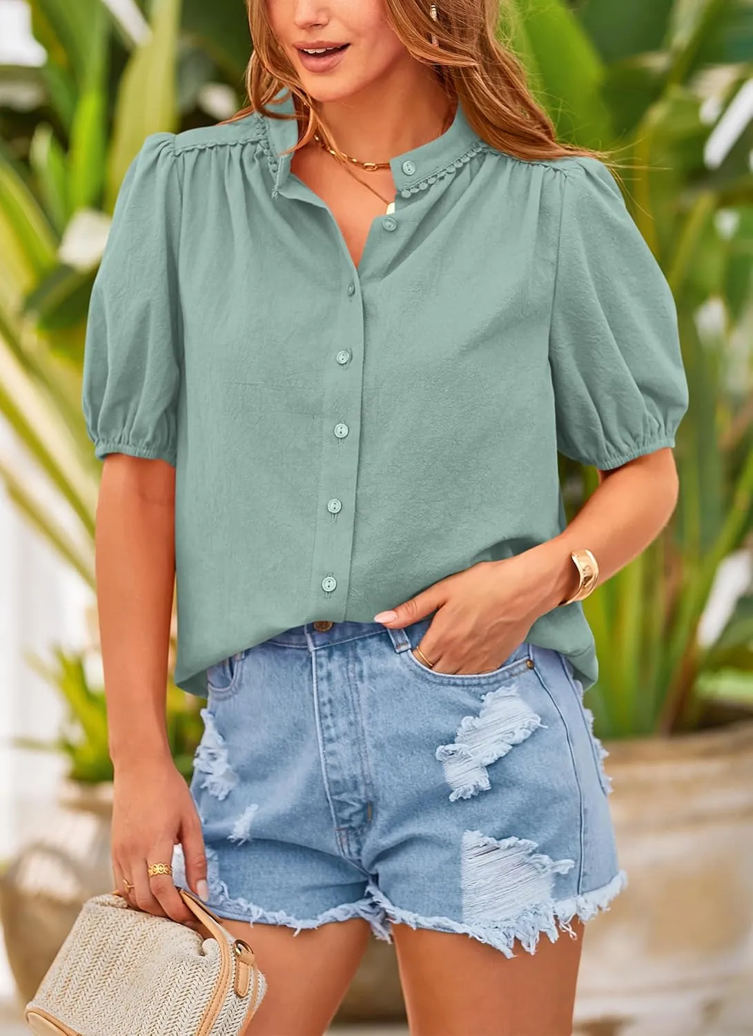PRETTYGARDEN Women's Summer Button Down Shirts Short Lantern Sleeve V Neck Cotton Cute Dressy Casual Ladies Tops Blouses