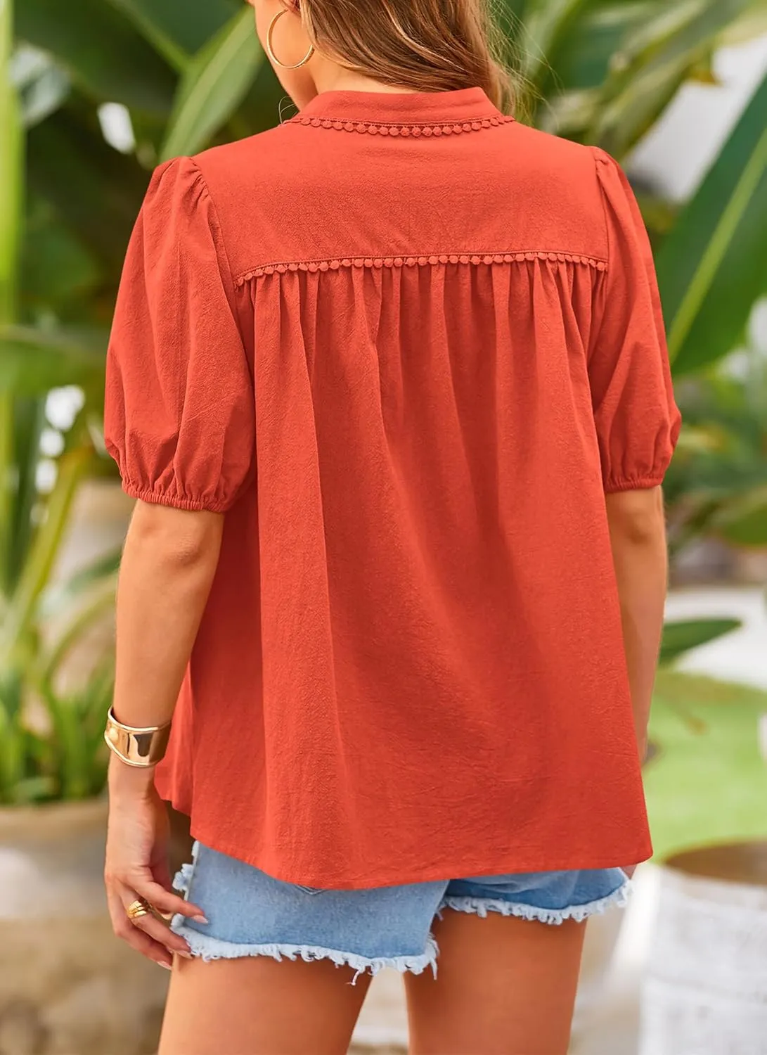 PRETTYGARDEN Women's Summer Button Down Shirts Short Lantern Sleeve V Neck Cotton Cute Dressy Casual Ladies Tops Blouses