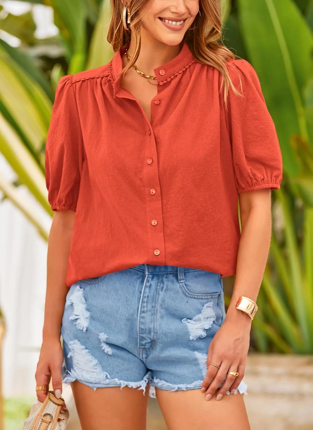 PRETTYGARDEN Women's Summer Button Down Shirts Short Lantern Sleeve V Neck Cotton Cute Dressy Casual Ladies Tops Blouses