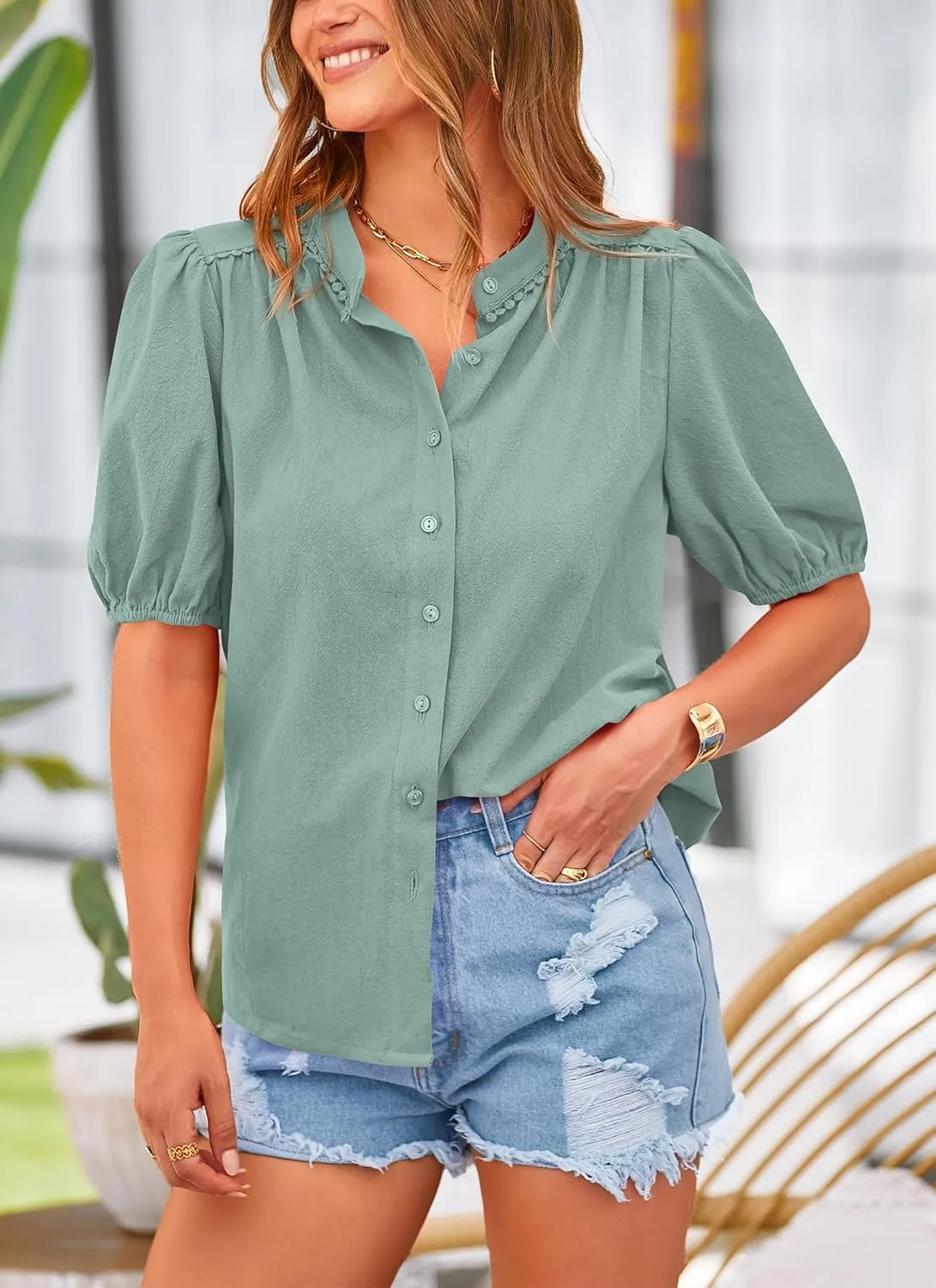 PRETTYGARDEN Women's Summer Button Down Shirts Short Lantern Sleeve V Neck Cotton Cute Dressy Casual Ladies Tops Blouses
