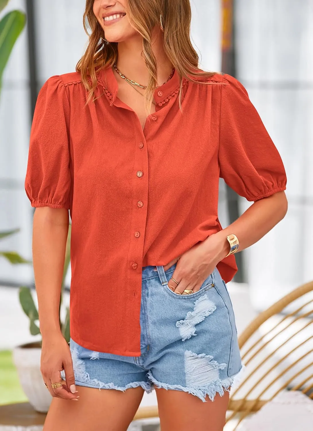 PRETTYGARDEN Women's Summer Button Down Shirts Short Lantern Sleeve V Neck Cotton Cute Dressy Casual Ladies Tops Blouses