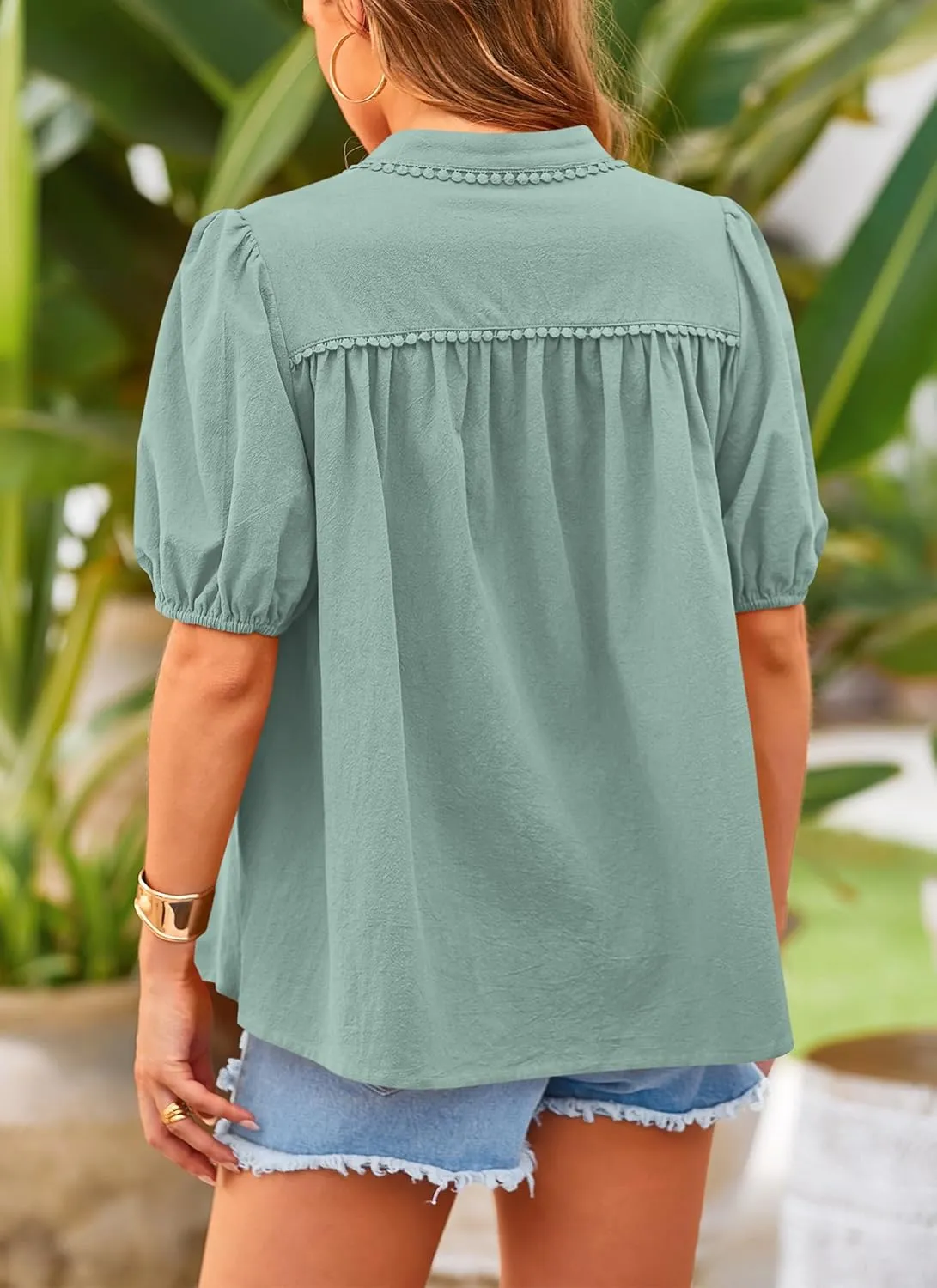 PRETTYGARDEN Women's Summer Button Down Shirts Short Lantern Sleeve V Neck Cotton Cute Dressy Casual Ladies Tops Blouses