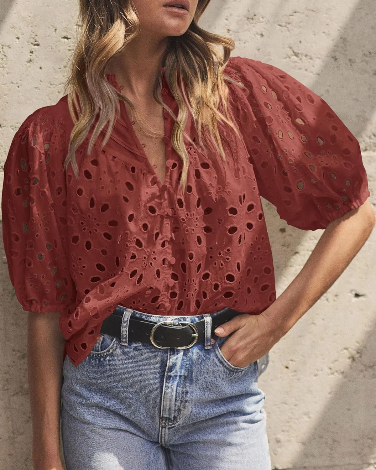 PRETTYGARDEN Women's Summer Short Sleeve Tops 2025 Dressy Casual Buttons V Neck Hollow Out Lace Embroidered Blouses Shirts