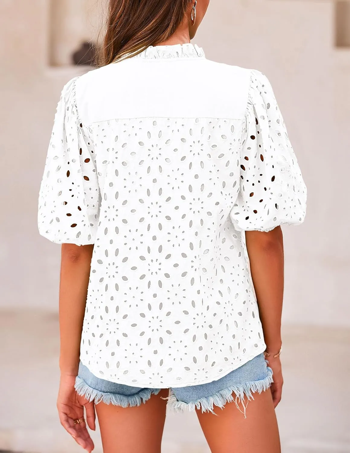 PRETTYGARDEN Women's Summer Short Sleeve Tops 2025 Dressy Casual Buttons V Neck Hollow Out Lace Embroidered Blouses Shirts