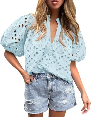 PRETTYGARDEN Women's Summer Short Sleeve Tops 2025 Dressy Casual Buttons V Neck Hollow Out Lace Embroidered Blouses Shirts