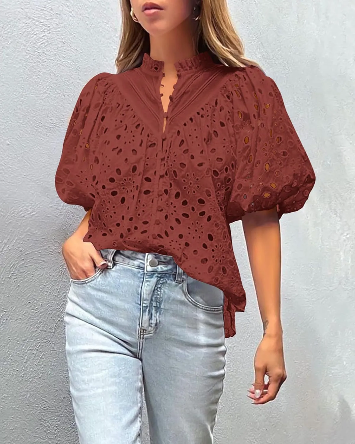 PRETTYGARDEN Women's Summer Short Sleeve Tops 2025 Dressy Casual Buttons V Neck Hollow Out Lace Embroidered Blouses Shirts