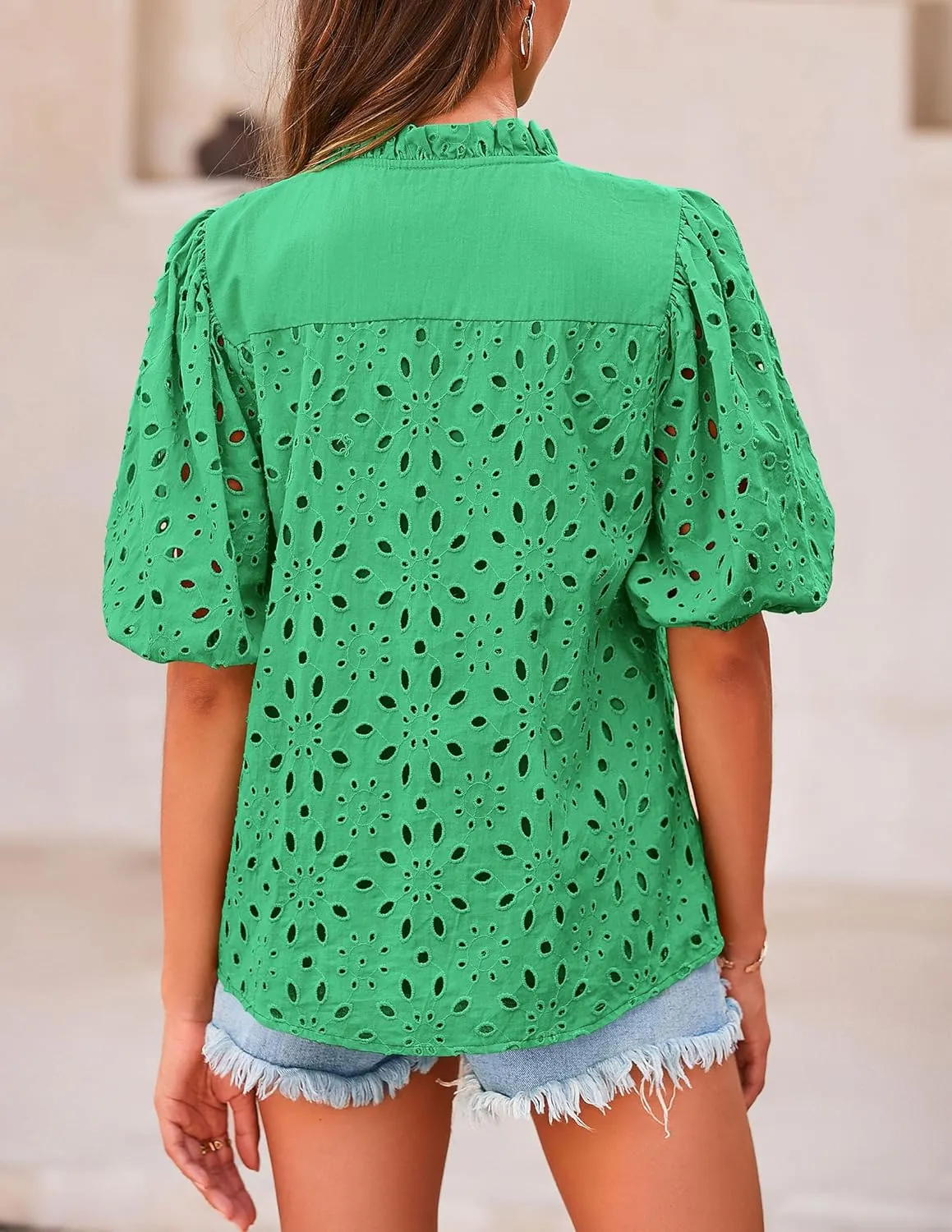 PRETTYGARDEN Women's Summer Short Sleeve Tops 2025 Dressy Casual Buttons V Neck Hollow Out Lace Embroidered Blouses Shirts