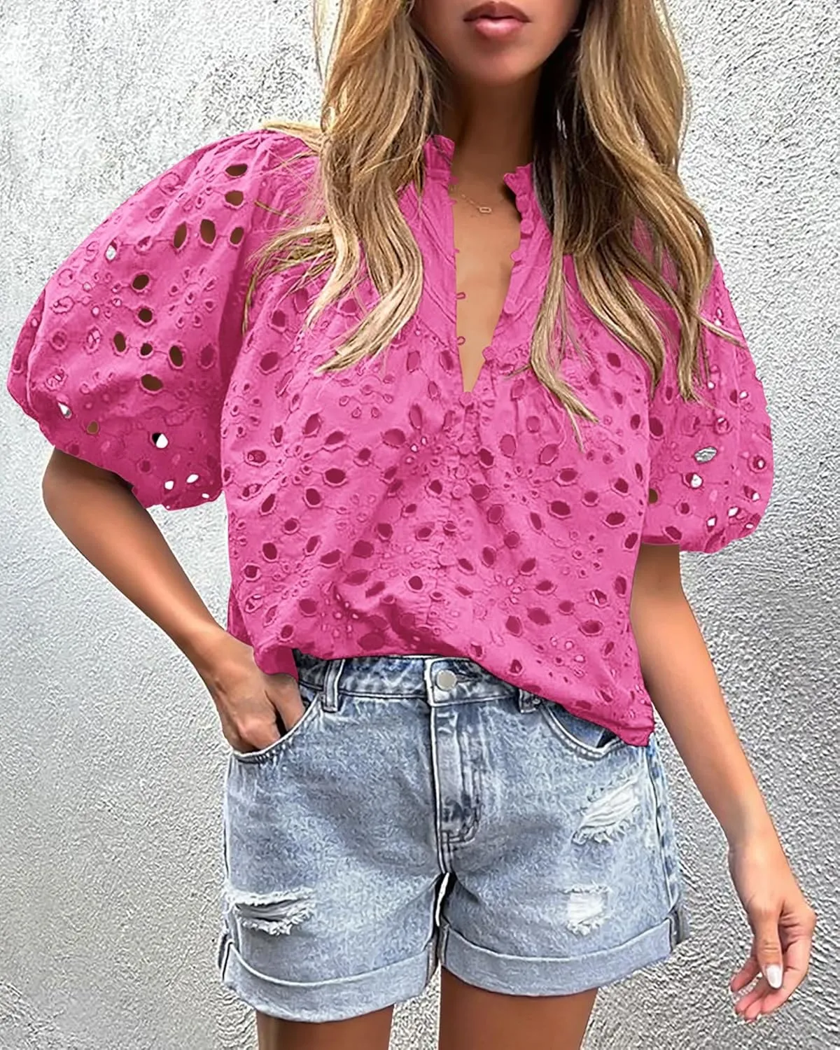 PRETTYGARDEN Women's Summer Short Sleeve Tops 2025 Dressy Casual Buttons V Neck Hollow Out Lace Embroidered Blouses Shirts