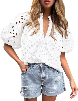 PRETTYGARDEN Women's Summer Short Sleeve Tops 2025 Dressy Casual Buttons V Neck Hollow Out Lace Embroidered Blouses Shirts