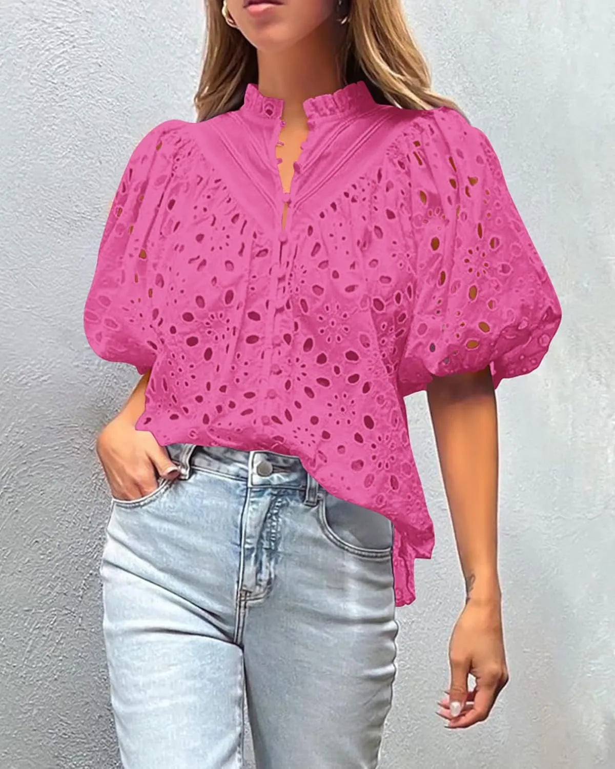 PRETTYGARDEN Women's Summer Short Sleeve Tops 2025 Dressy Casual Buttons V Neck Hollow Out Lace Embroidered Blouses Shirts