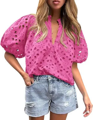PRETTYGARDEN Women's Summer Short Sleeve Tops 2025 Dressy Casual Buttons V Neck Hollow Out Lace Embroidered Blouses Shirts