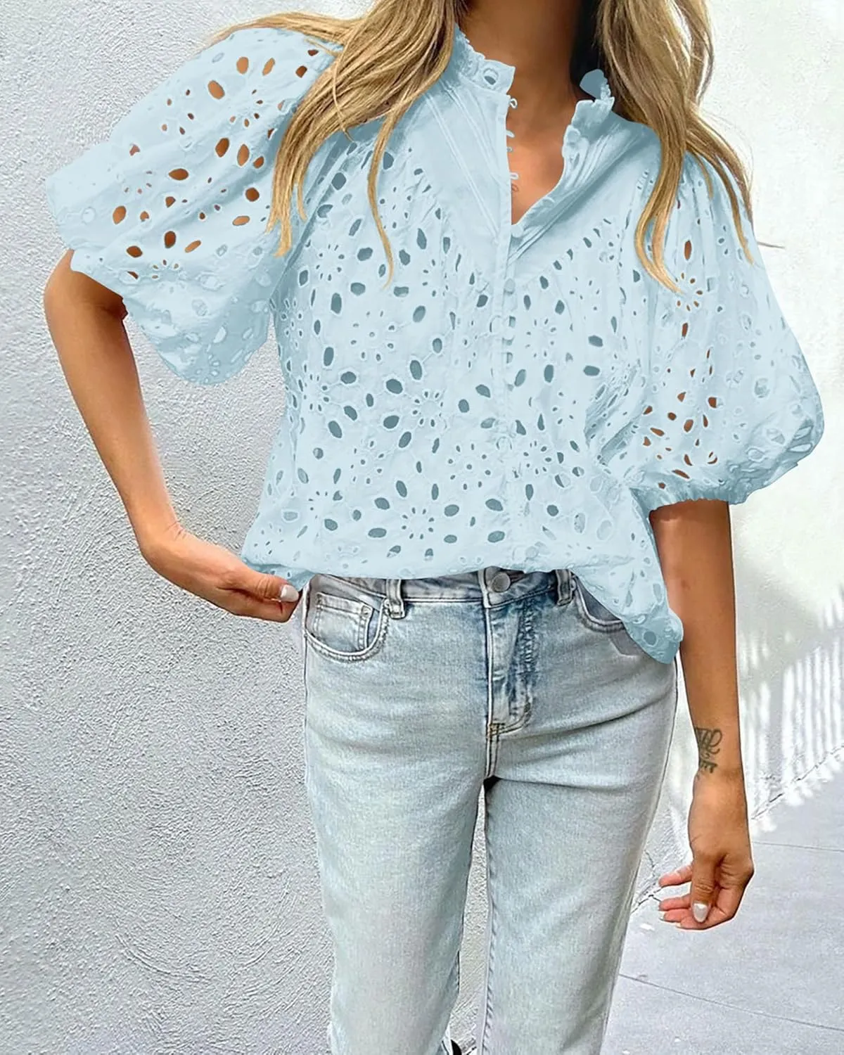 PRETTYGARDEN Women's Summer Short Sleeve Tops 2025 Dressy Casual Buttons V Neck Hollow Out Lace Embroidered Blouses Shirts