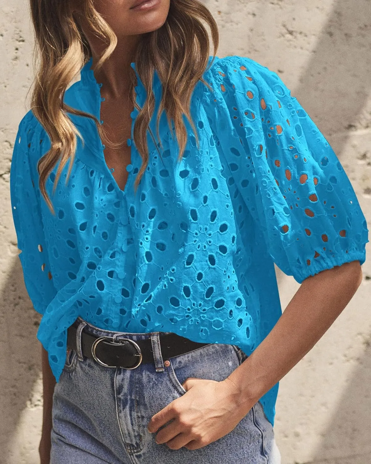 PRETTYGARDEN Women's Summer Short Sleeve Tops 2025 Dressy Casual Buttons V Neck Hollow Out Lace Embroidered Blouses Shirts
