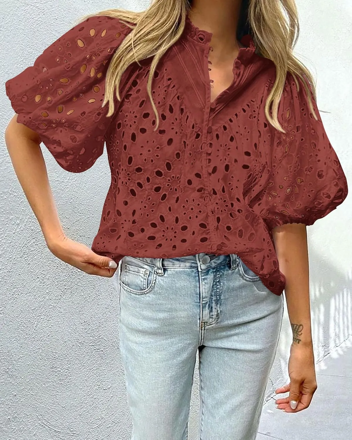 PRETTYGARDEN Women's Summer Short Sleeve Tops 2025 Dressy Casual Buttons V Neck Hollow Out Lace Embroidered Blouses Shirts