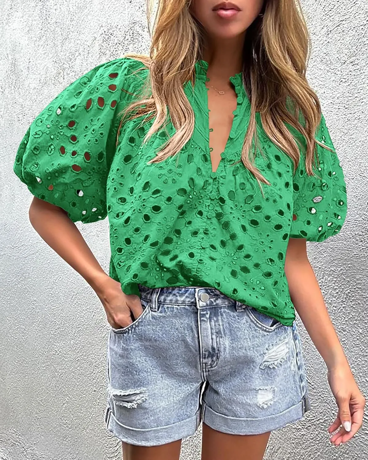 PRETTYGARDEN Women's Summer Short Sleeve Tops 2025 Dressy Casual Buttons V Neck Hollow Out Lace Embroidered Blouses Shirts