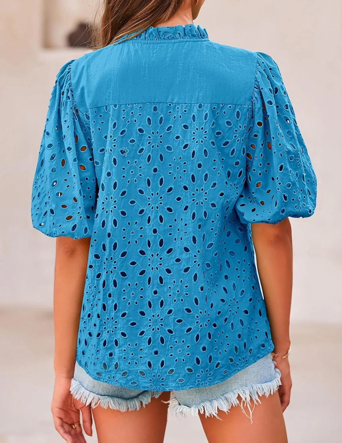 PRETTYGARDEN Women's Summer Short Sleeve Tops 2025 Dressy Casual Buttons V Neck Hollow Out Lace Embroidered Blouses Shirts