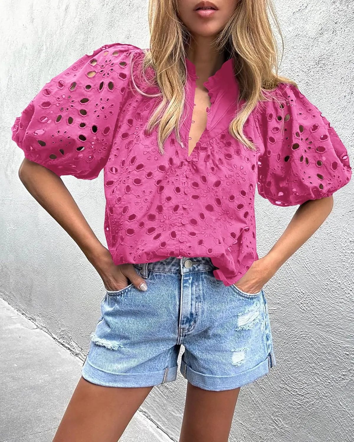 PRETTYGARDEN Women's Summer Short Sleeve Tops 2025 Dressy Casual Buttons V Neck Hollow Out Lace Embroidered Blouses Shirts