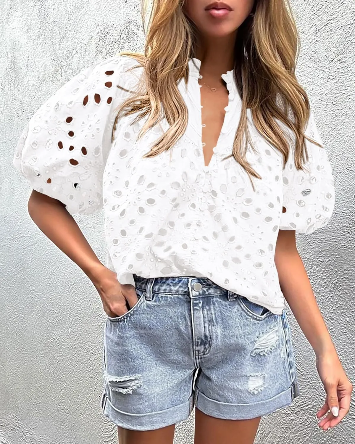 PRETTYGARDEN Women's Summer Short Sleeve Tops 2025 Dressy Casual Buttons V Neck Hollow Out Lace Embroidered Blouses Shirts