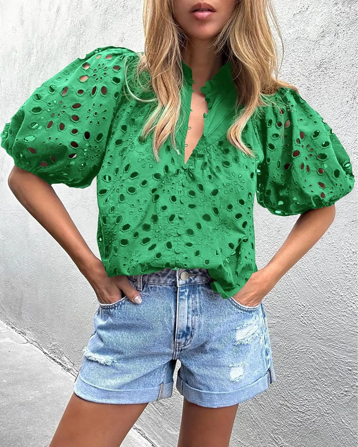 PRETTYGARDEN Women's Summer Short Sleeve Tops 2025 Dressy Casual Buttons V Neck Hollow Out Lace Embroidered Blouses Shirts