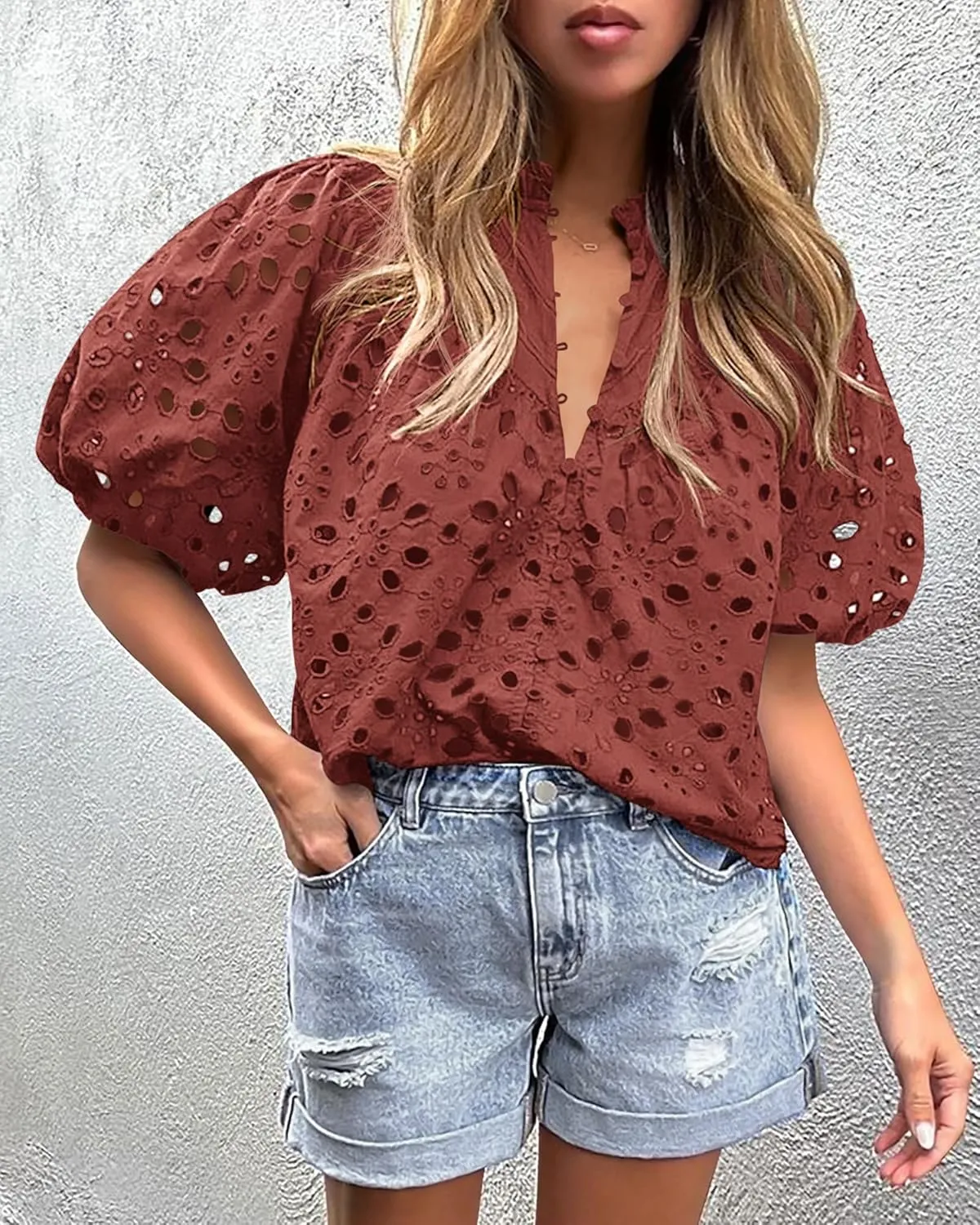 PRETTYGARDEN Women's Summer Short Sleeve Tops 2025 Dressy Casual Buttons V Neck Hollow Out Lace Embroidered Blouses Shirts