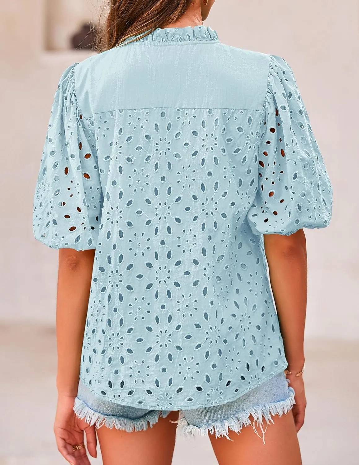 PRETTYGARDEN Women's Summer Short Sleeve Tops 2025 Dressy Casual Buttons V Neck Hollow Out Lace Embroidered Blouses Shirts