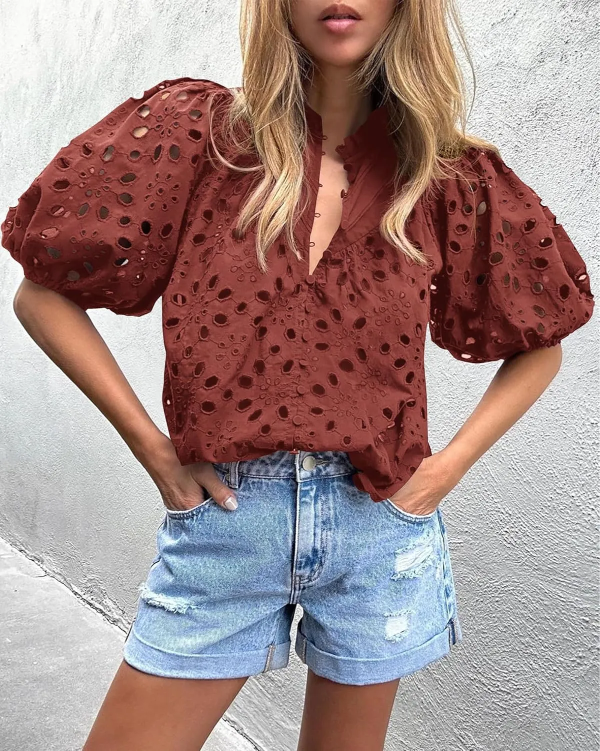 PRETTYGARDEN Women's Summer Short Sleeve Tops 2025 Dressy Casual Buttons V Neck Hollow Out Lace Embroidered Blouses Shirts