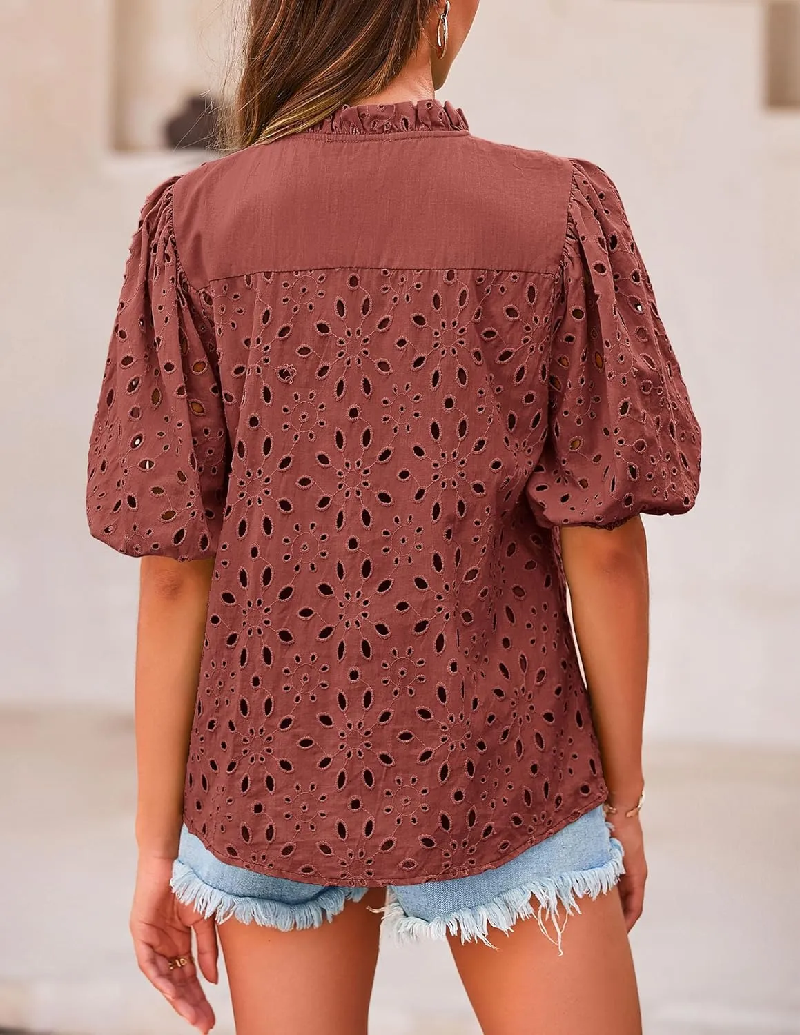 PRETTYGARDEN Women's Summer Short Sleeve Tops 2025 Dressy Casual Buttons V Neck Hollow Out Lace Embroidered Blouses Shirts