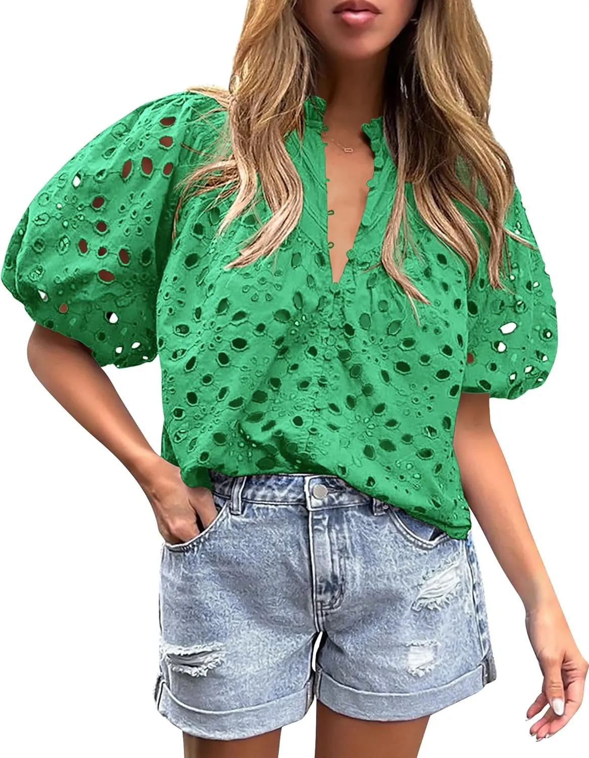 PRETTYGARDEN Women's Summer Short Sleeve Tops 2025 Dressy Casual Buttons V Neck Hollow Out Lace Embroidered Blouses Shirts