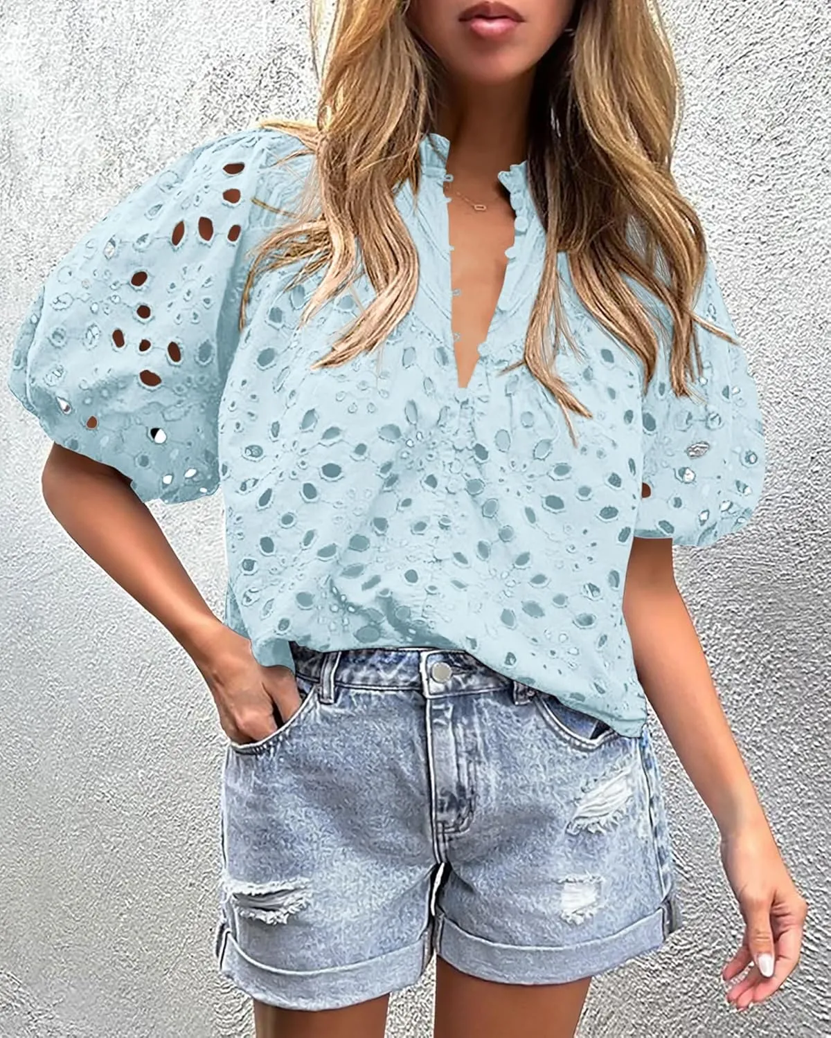 PRETTYGARDEN Women's Summer Short Sleeve Tops 2025 Dressy Casual Buttons V Neck Hollow Out Lace Embroidered Blouses Shirts