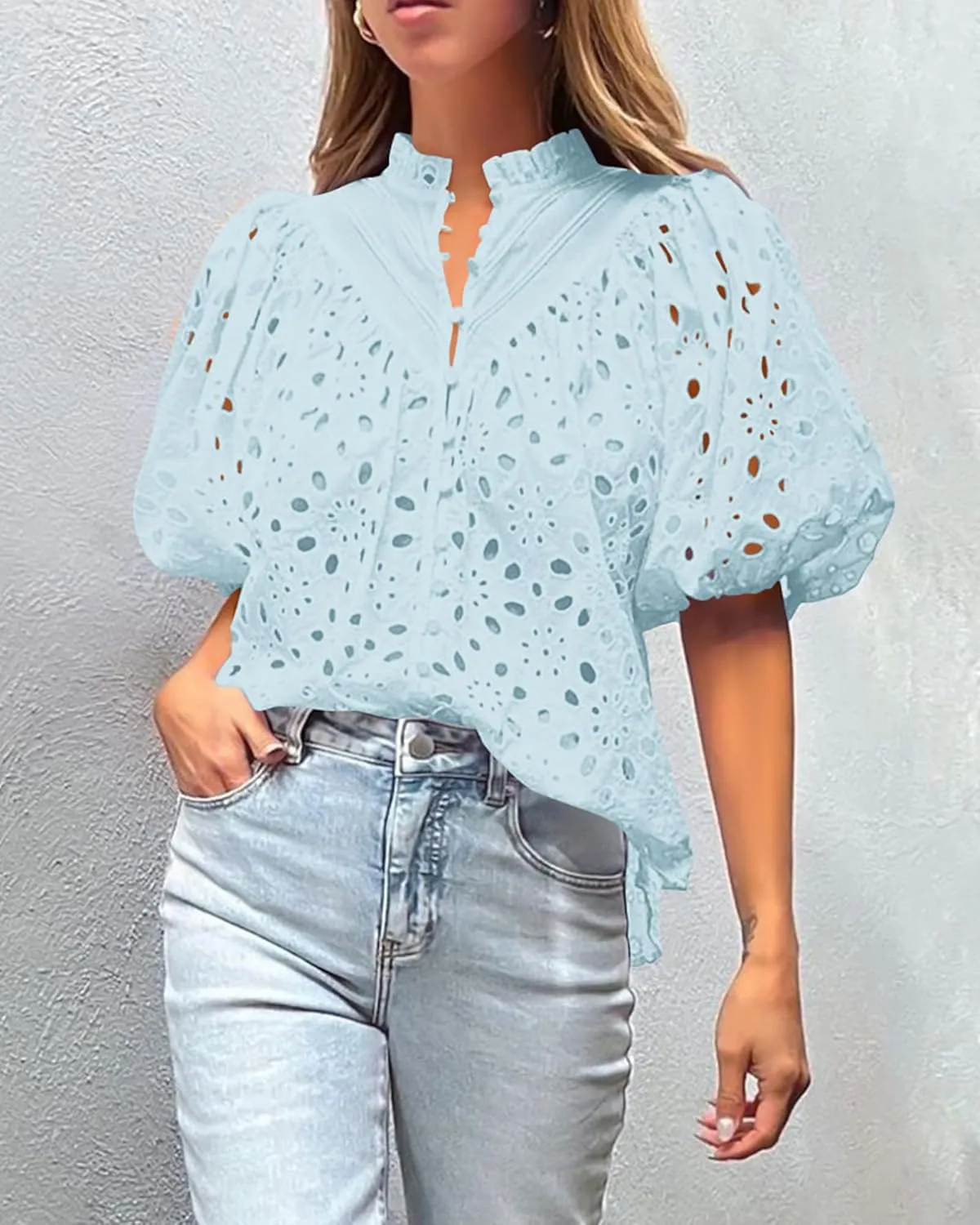 PRETTYGARDEN Women's Summer Short Sleeve Tops 2025 Dressy Casual Buttons V Neck Hollow Out Lace Embroidered Blouses Shirts