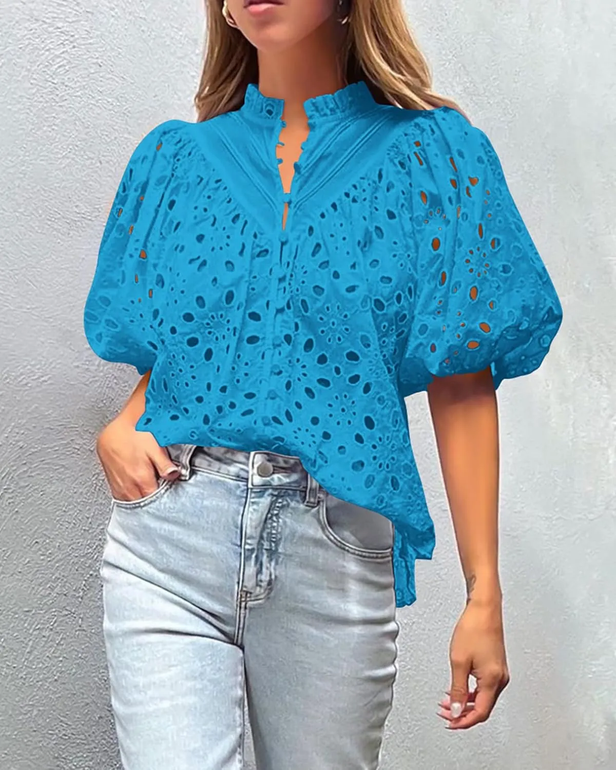 PRETTYGARDEN Women's Summer Short Sleeve Tops 2025 Dressy Casual Buttons V Neck Hollow Out Lace Embroidered Blouses Shirts