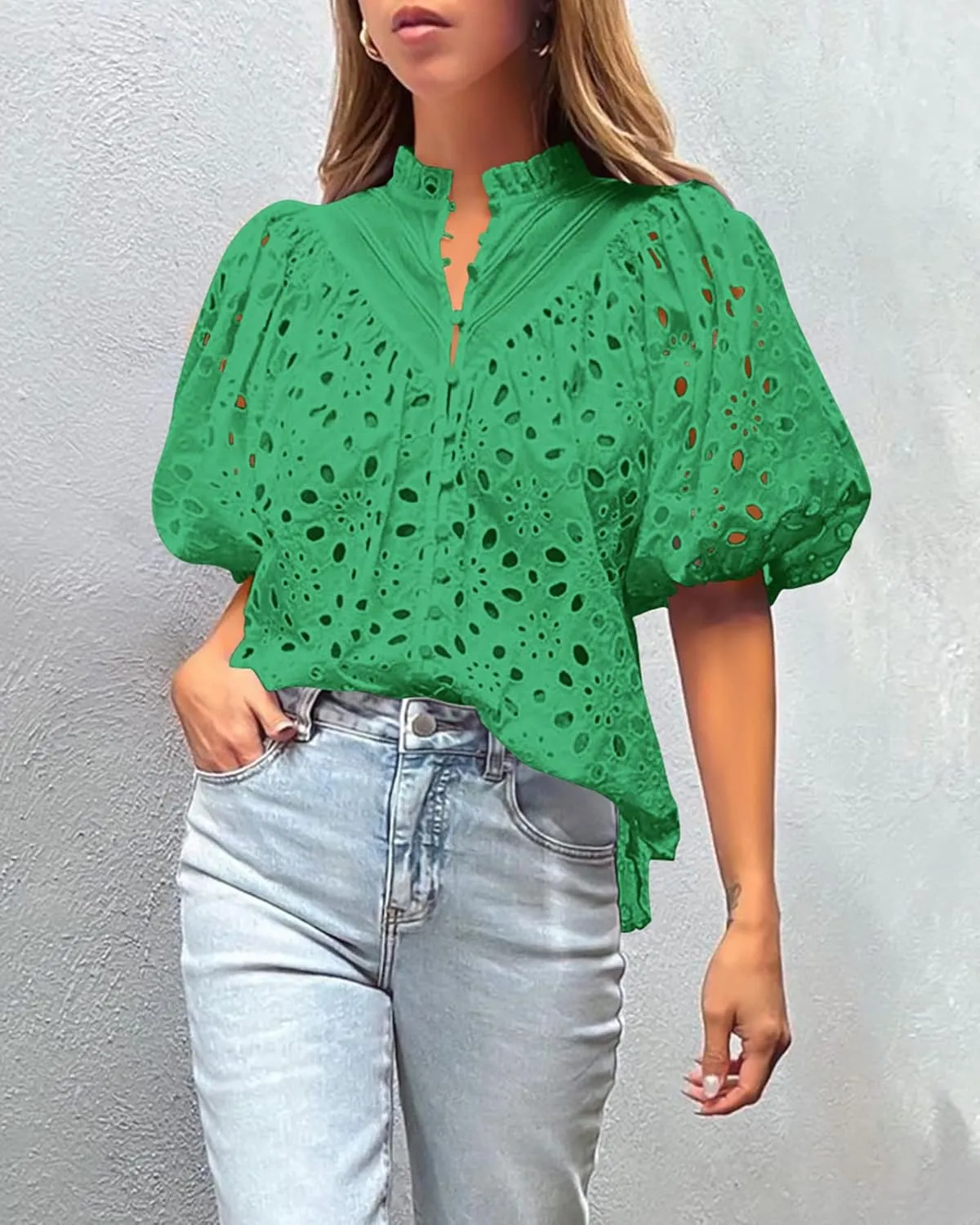 PRETTYGARDEN Women's Summer Short Sleeve Tops 2025 Dressy Casual Buttons V Neck Hollow Out Lace Embroidered Blouses Shirts