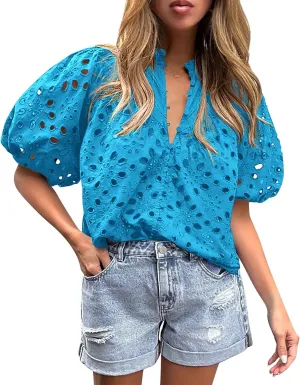 PRETTYGARDEN Women's Summer Short Sleeve Tops 2025 Dressy Casual Buttons V Neck Hollow Out Lace Embroidered Blouses Shirts
