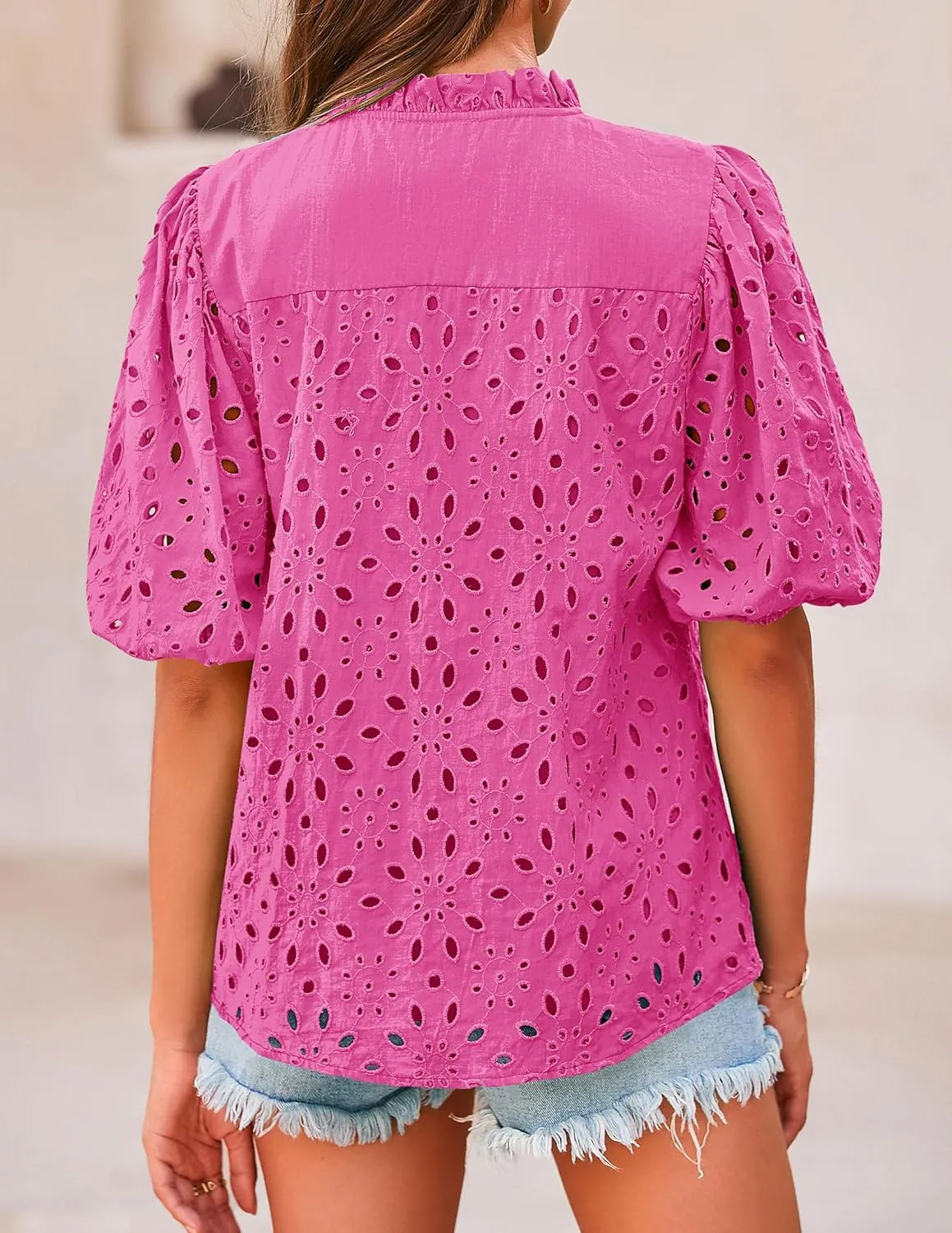 PRETTYGARDEN Women's Summer Short Sleeve Tops 2025 Dressy Casual Buttons V Neck Hollow Out Lace Embroidered Blouses Shirts