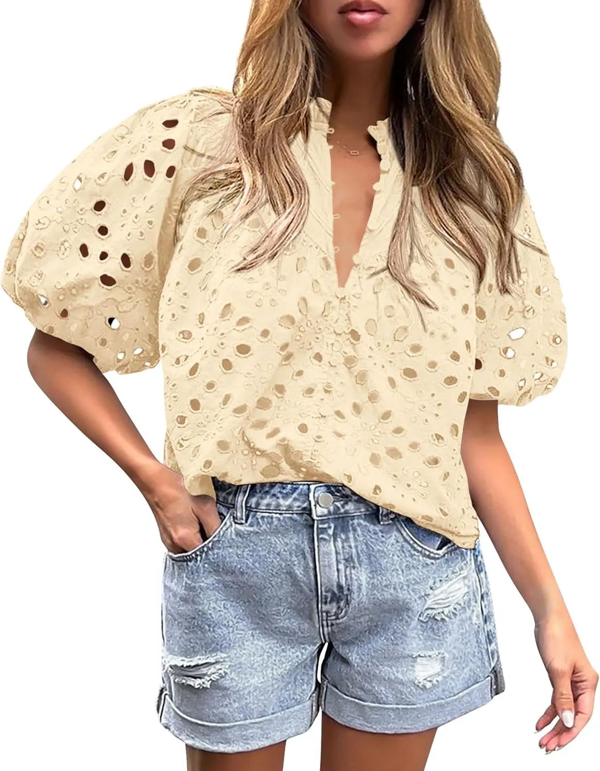 PRETTYGARDEN Women's Summer Tops 2025 Dressy Casual Short Sleeve V Neck Buttons Hollow Out Lace Embroidered Blouses Shirts