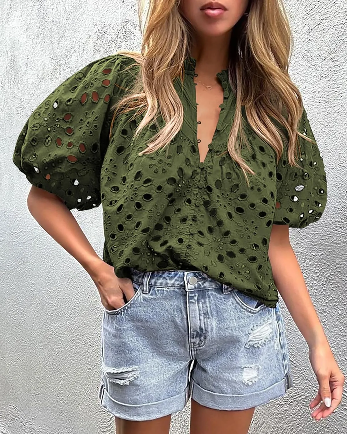 PRETTYGARDEN Women's Summer Tops 2025 Dressy Casual Short Sleeve V Neck Buttons Hollow Out Lace Embroidered Blouses Shirts