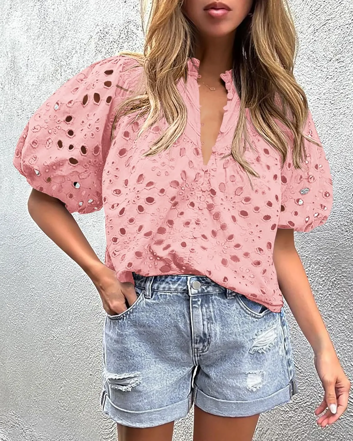 PRETTYGARDEN Women's Summer Tops 2025 Dressy Casual Short Sleeve V Neck Buttons Hollow Out Lace Embroidered Blouses Shirts