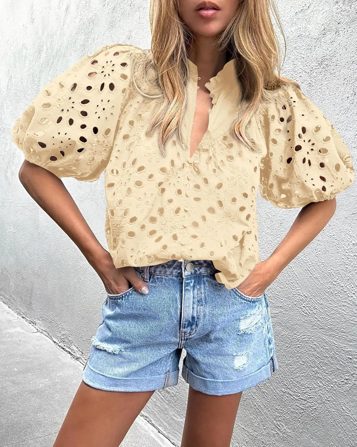 PRETTYGARDEN Women's Summer Tops 2025 Dressy Casual Short Sleeve V Neck Buttons Hollow Out Lace Embroidered Blouses Shirts
