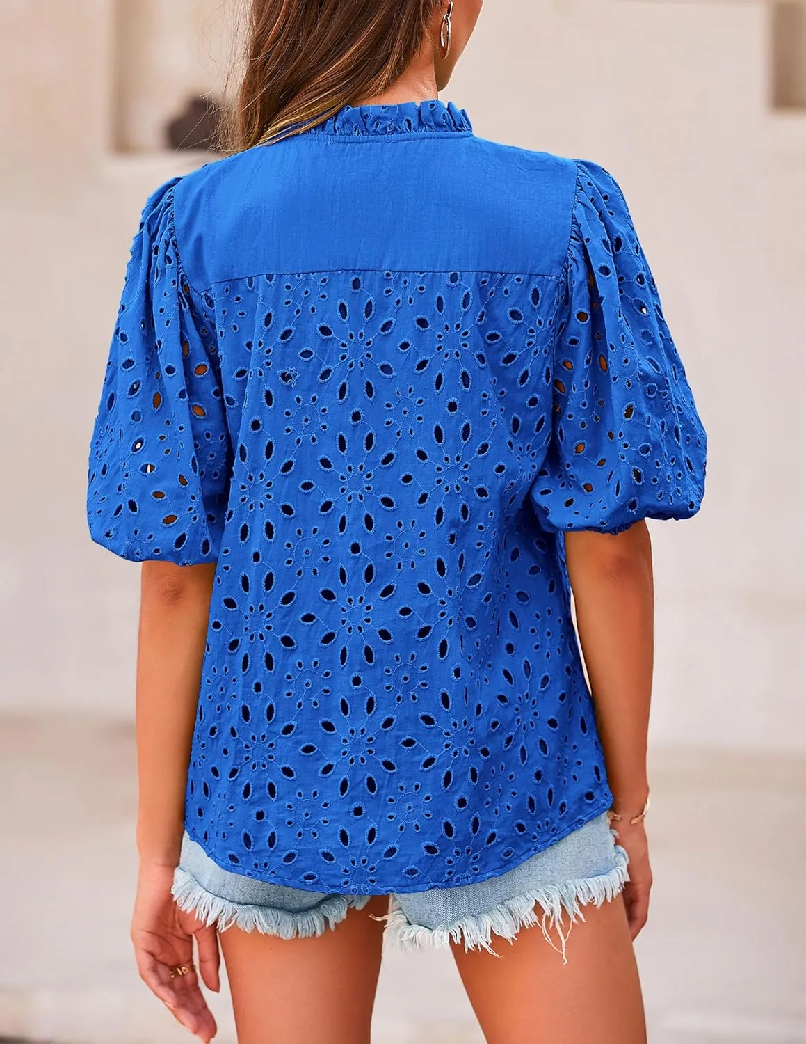 PRETTYGARDEN Women's Summer Tops 2025 Dressy Casual Short Sleeve V Neck Buttons Hollow Out Lace Embroidered Blouses Shirts