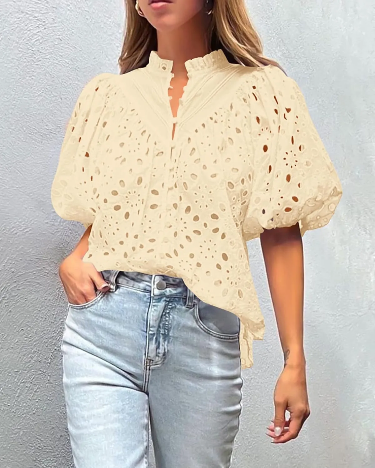 PRETTYGARDEN Women's Summer Tops 2025 Dressy Casual Short Sleeve V Neck Buttons Hollow Out Lace Embroidered Blouses Shirts