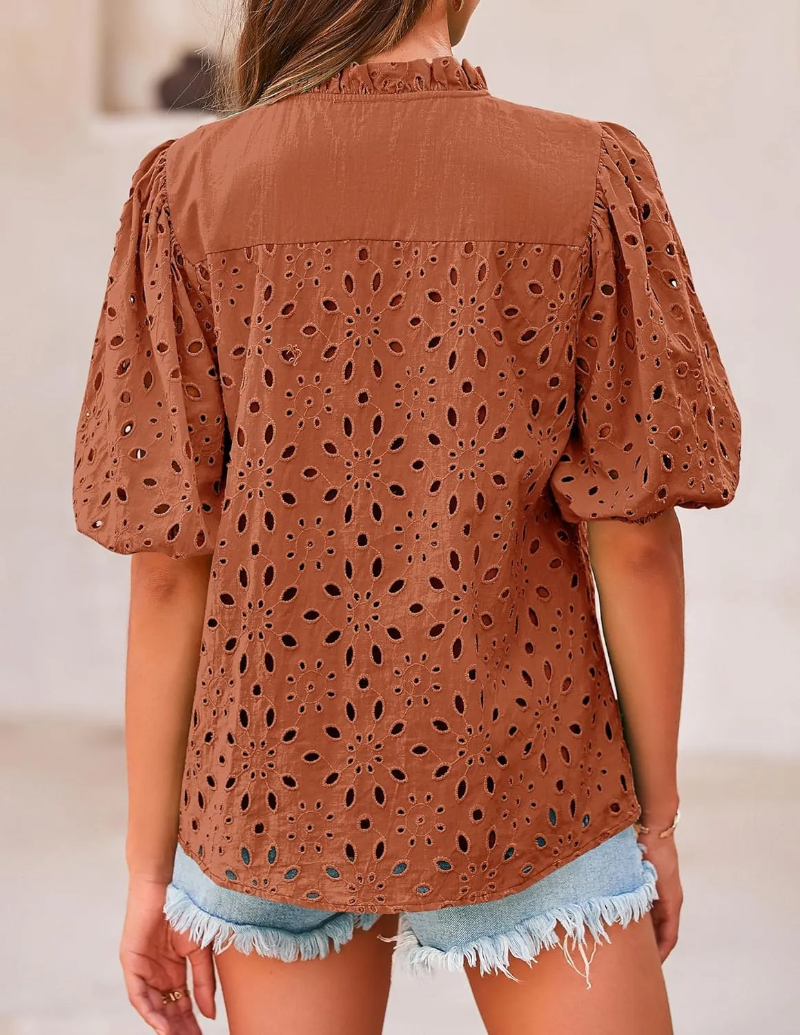PRETTYGARDEN Women's Summer Tops 2025 Dressy Casual Short Sleeve V Neck Buttons Hollow Out Lace Embroidered Blouses Shirts
