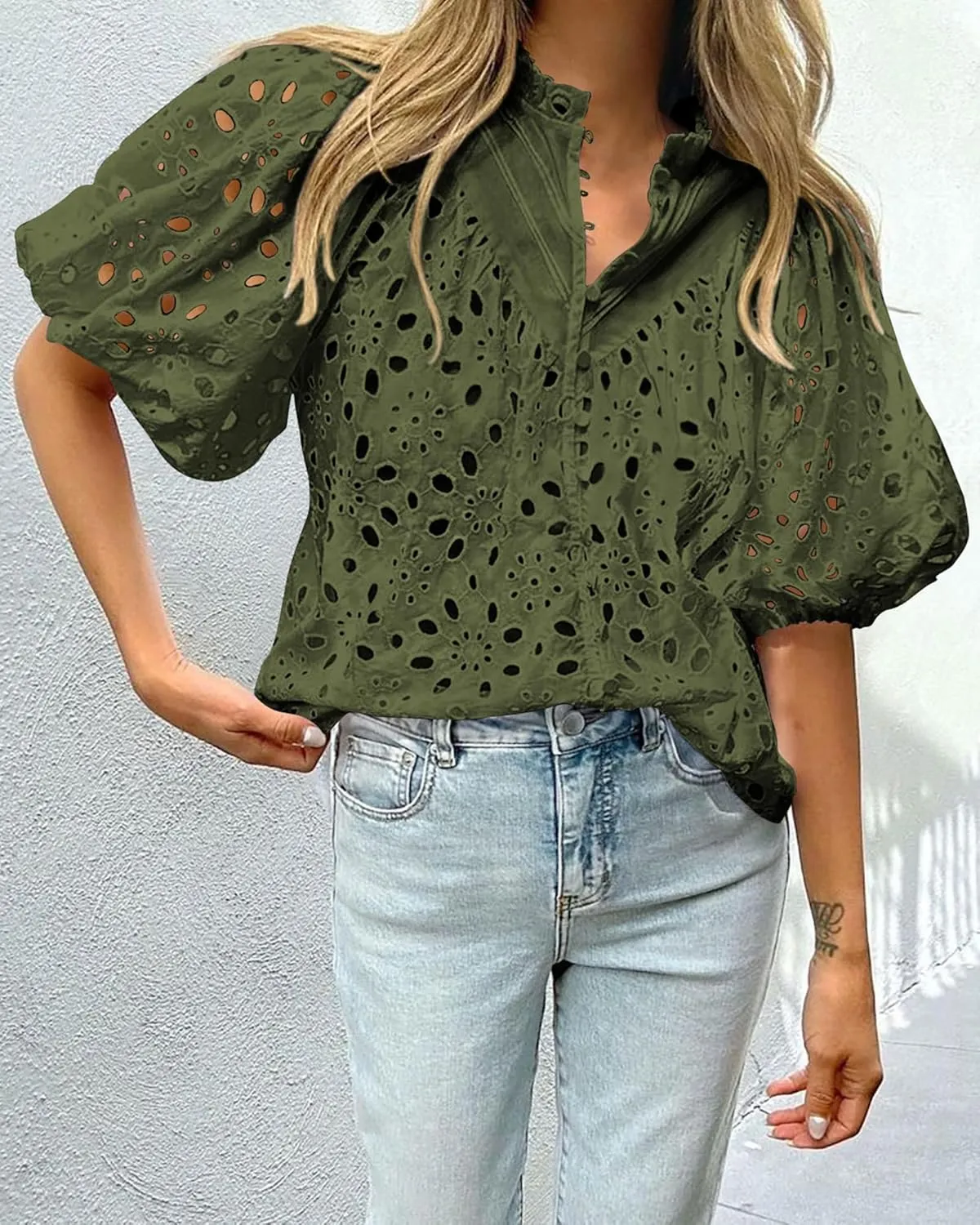 PRETTYGARDEN Women's Summer Tops 2025 Dressy Casual Short Sleeve V Neck Buttons Hollow Out Lace Embroidered Blouses Shirts