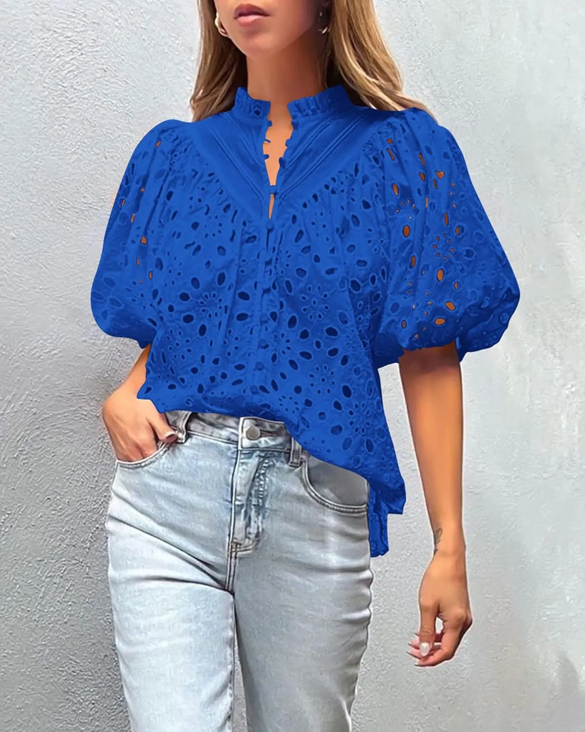 PRETTYGARDEN Women's Summer Tops 2025 Dressy Casual Short Sleeve V Neck Buttons Hollow Out Lace Embroidered Blouses Shirts