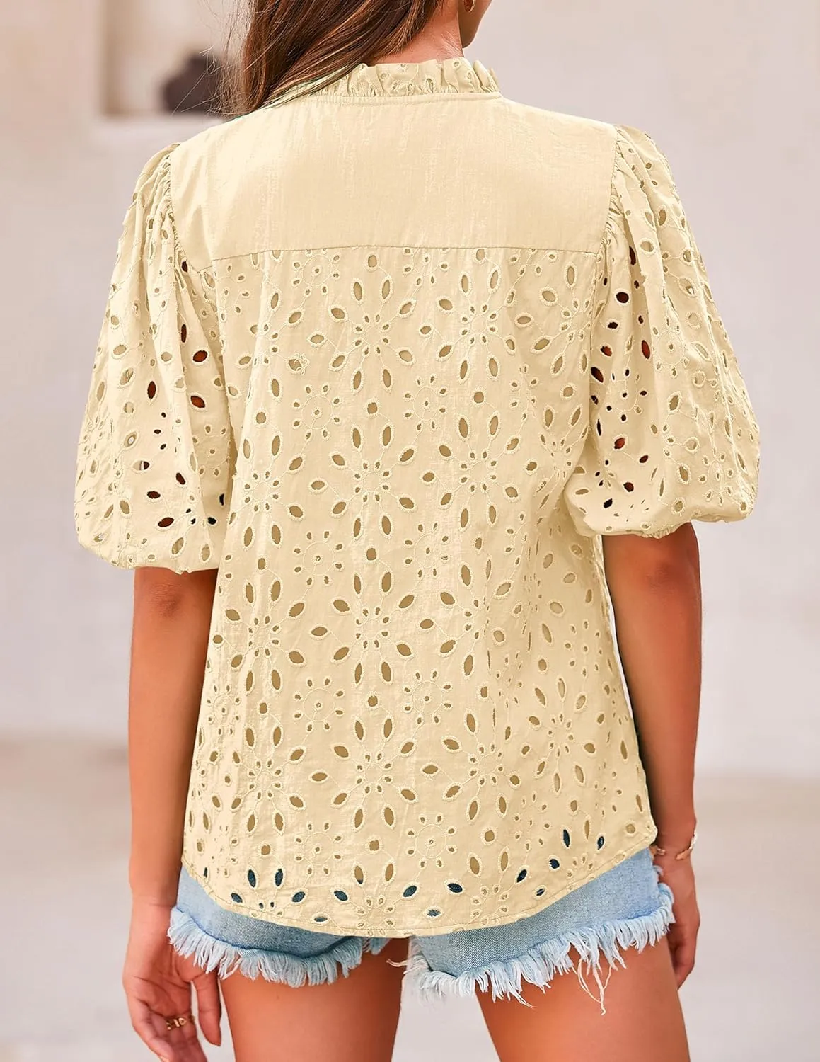 PRETTYGARDEN Women's Summer Tops 2025 Dressy Casual Short Sleeve V Neck Buttons Hollow Out Lace Embroidered Blouses Shirts