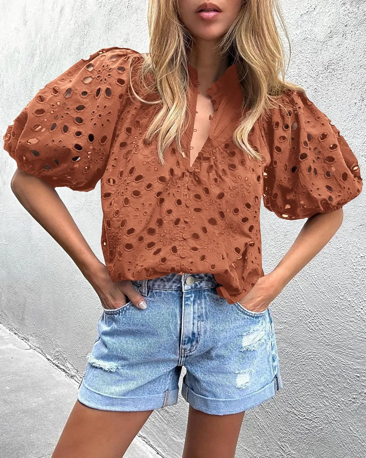 PRETTYGARDEN Women's Summer Tops 2025 Dressy Casual Short Sleeve V Neck Buttons Hollow Out Lace Embroidered Blouses Shirts