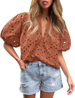 PRETTYGARDEN Women's Summer Tops 2025 Dressy Casual Short Sleeve V Neck Buttons Hollow Out Lace Embroidered Blouses Shirts