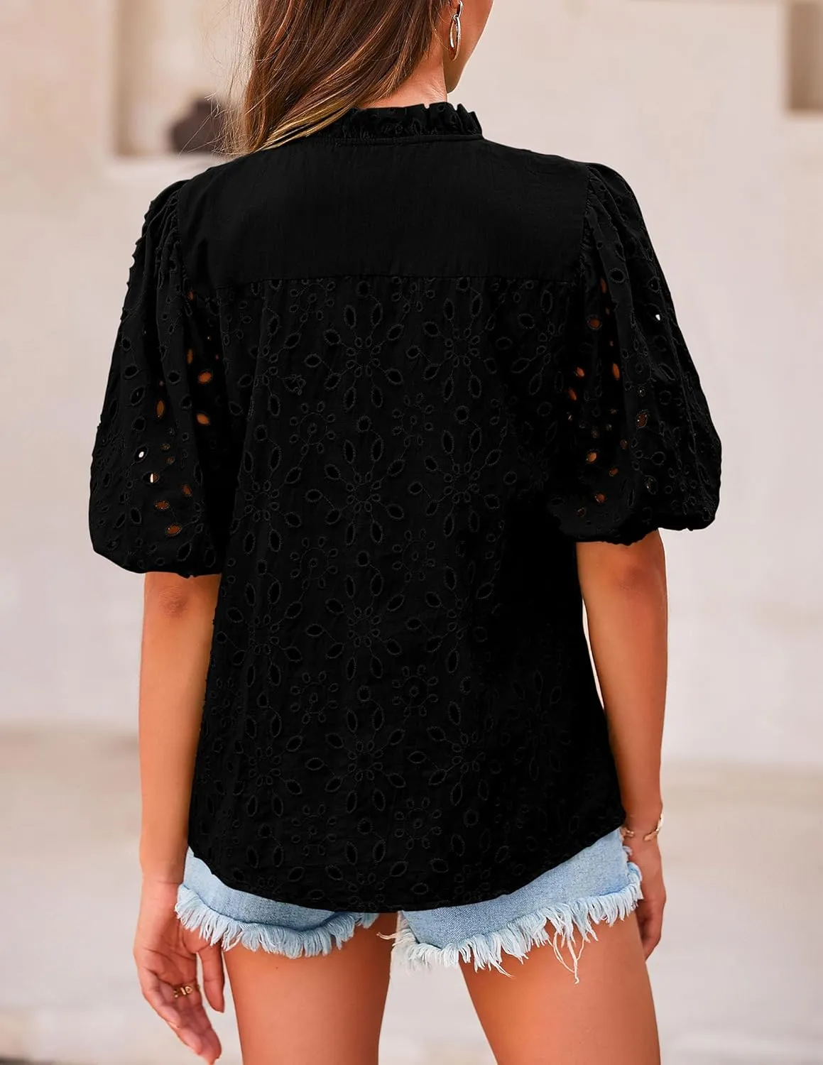 PRETTYGARDEN Women's Summer Tops 2025 Dressy Casual Short Sleeve V Neck Buttons Hollow Out Lace Embroidered Blouses Shirts