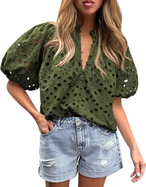 PRETTYGARDEN Women's Summer Tops 2025 Dressy Casual Short Sleeve V Neck Buttons Hollow Out Lace Embroidered Blouses Shirts