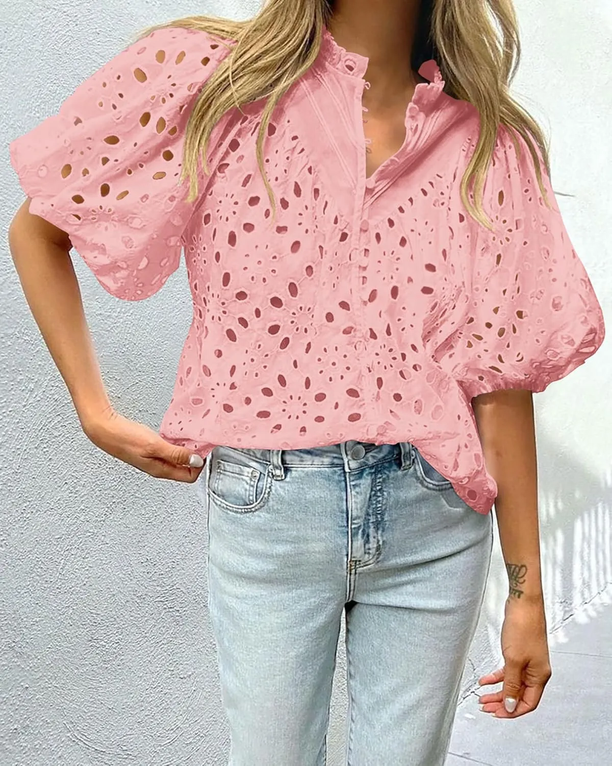 PRETTYGARDEN Women's Summer Tops 2025 Dressy Casual Short Sleeve V Neck Buttons Hollow Out Lace Embroidered Blouses Shirts